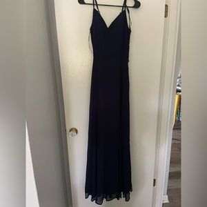 Long Navy Blue Dress with Grey/silver detailing in the back.